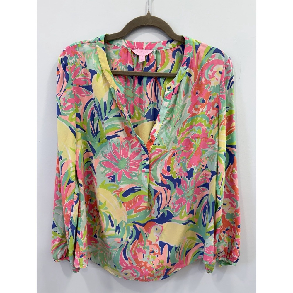 Lilly Pulitzer Women's M 100% Silk Floral Blouse Pink Green Colorful